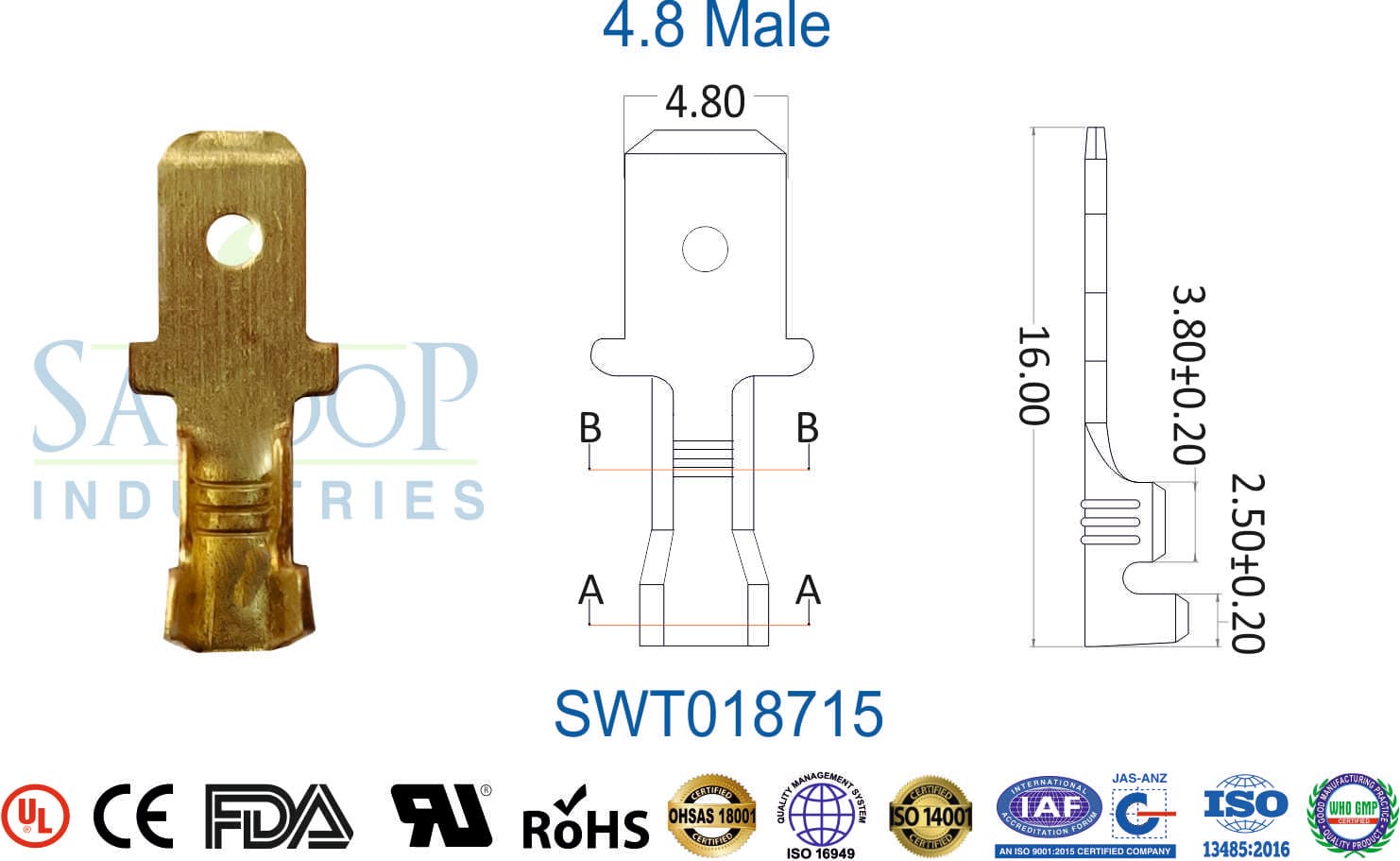 0187 Series Terminal - 4.8 Male (SWT018715) - 1