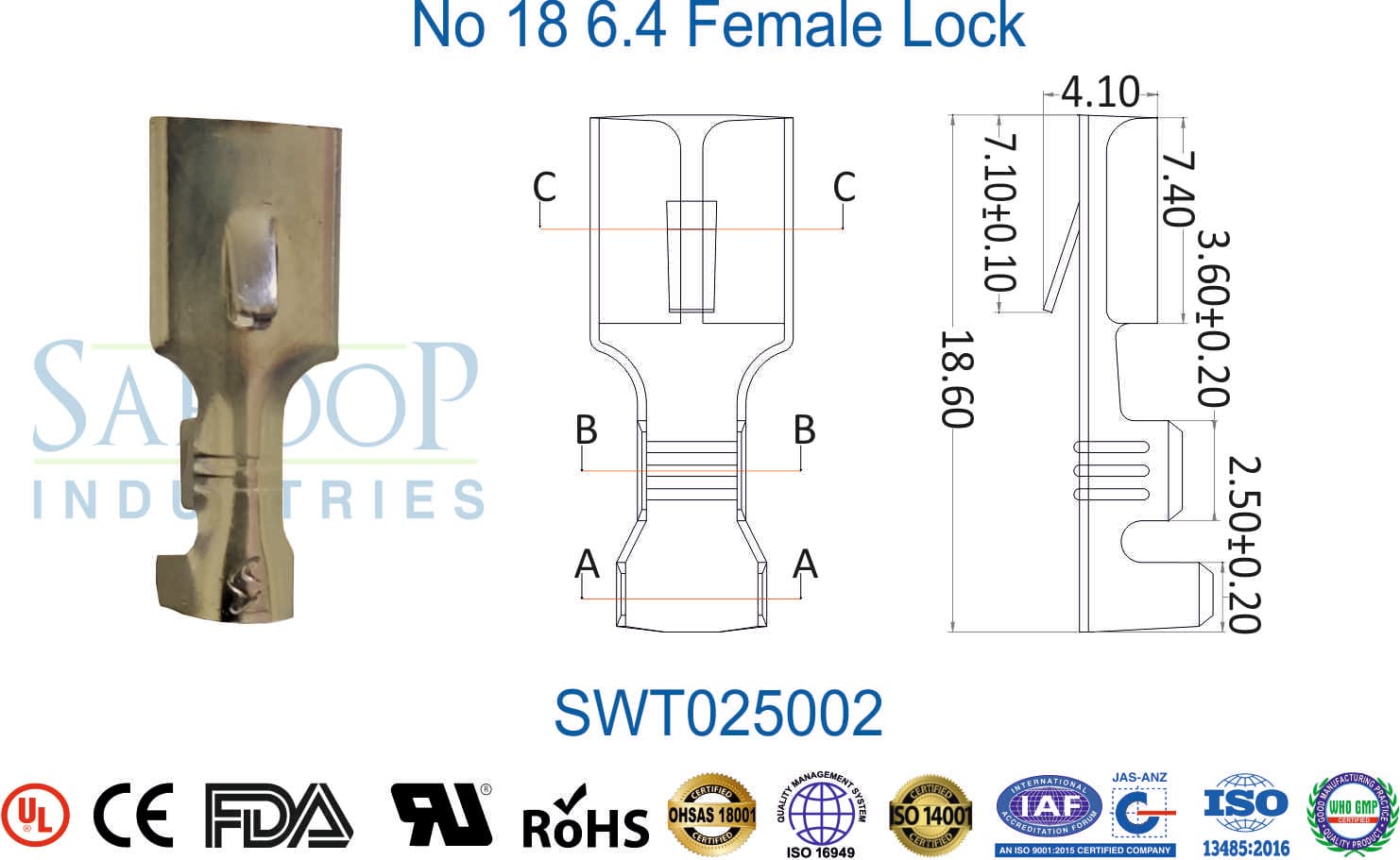 0250 Series Terminal - No 18 6.4 Female Lock (SWT025002) - 1