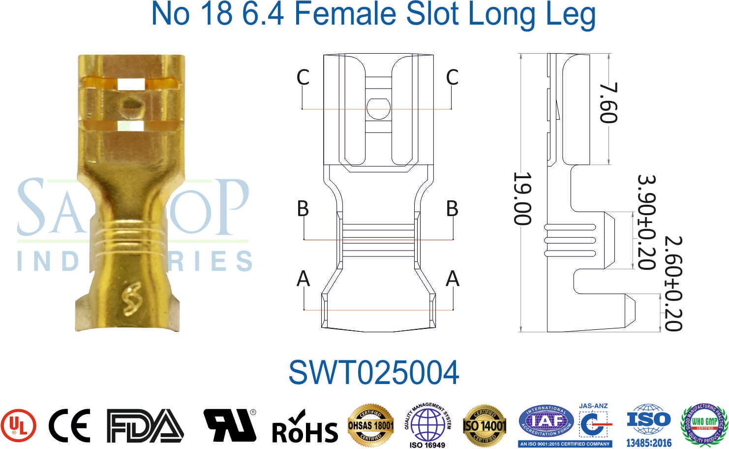 0250 Series Terminal - No 18 6.4 Female Slot Long Leg (SWT025004) - 1