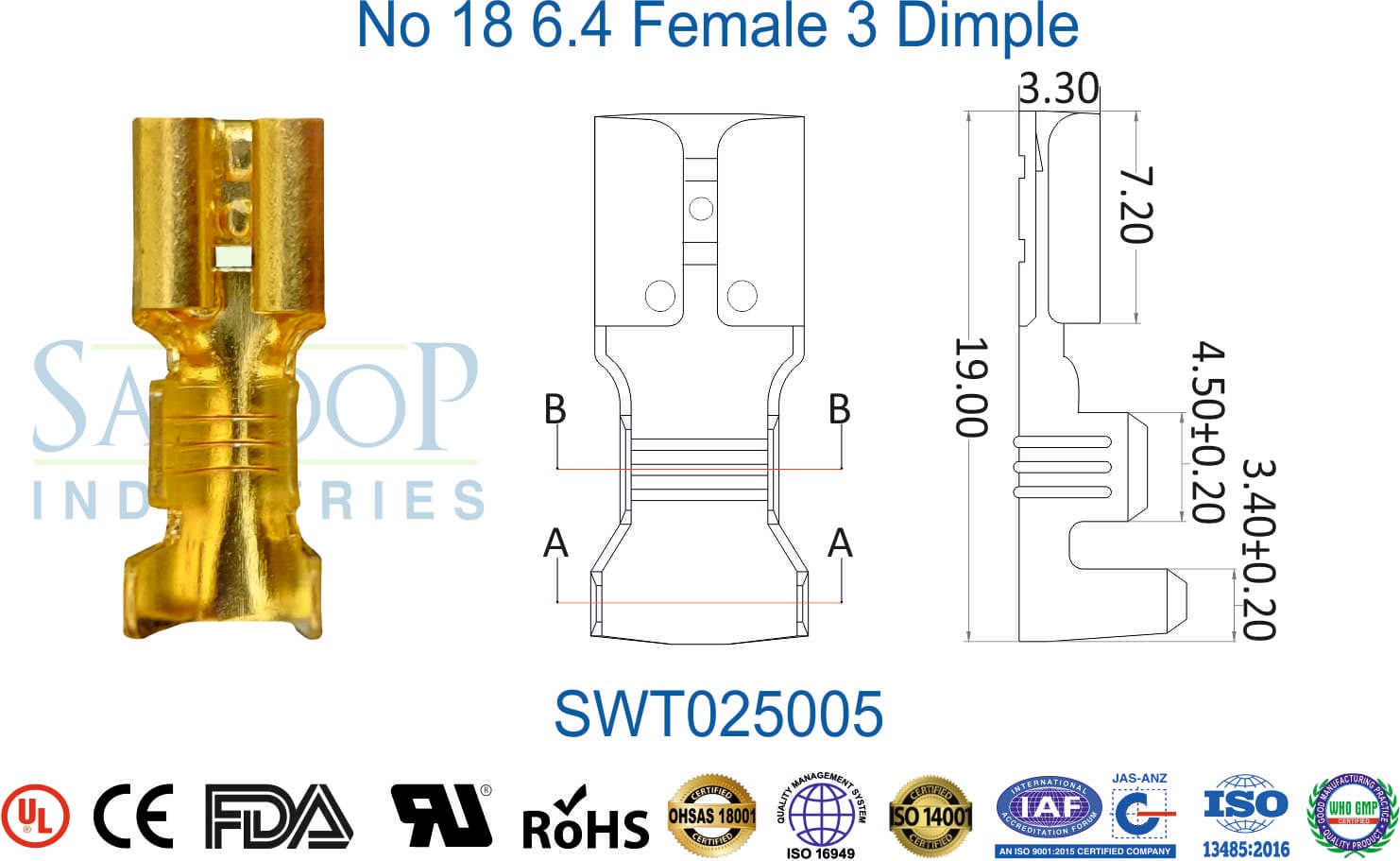 0250 Series Terminal - No 18 6.4 Female 3 Dimple (SWT025005) - 1
