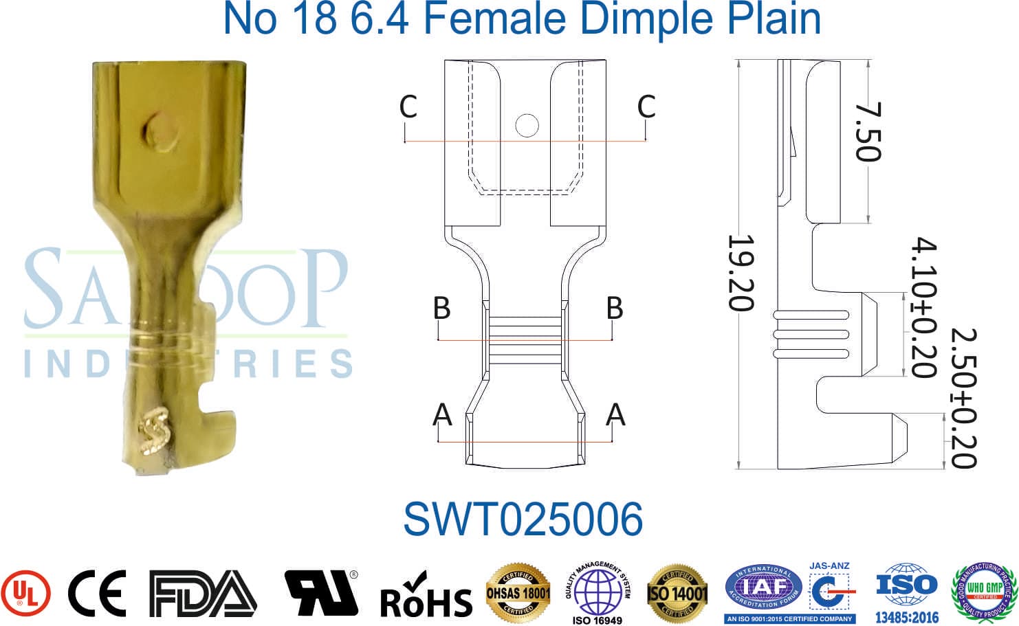 0250 Series Terminal - No 18 6.4 Female Dimple Plain (SWT025006) - 1