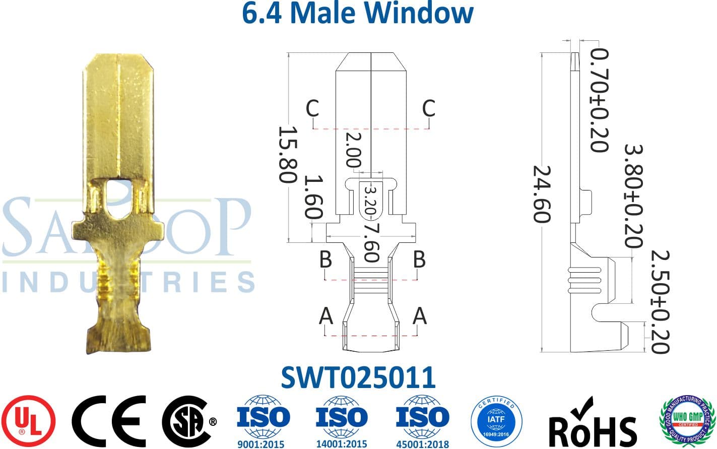 0250 Series Terminal - 6.4 Male Window (SWT025011) - 1