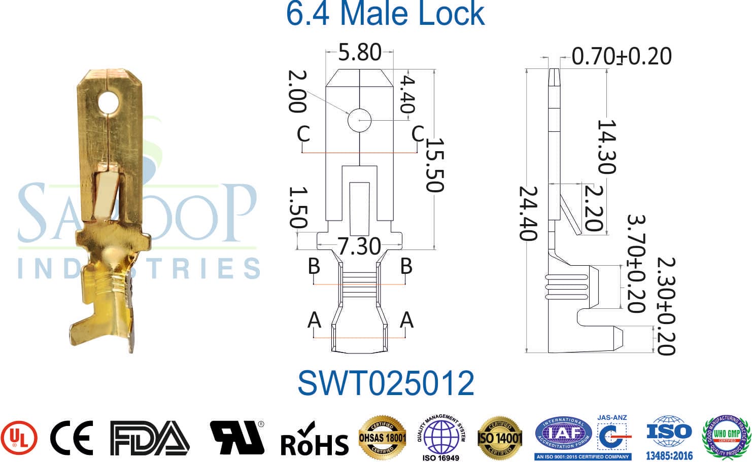 0250 Series Terminal - 6.4 Male Lock (SWT025012) - 1