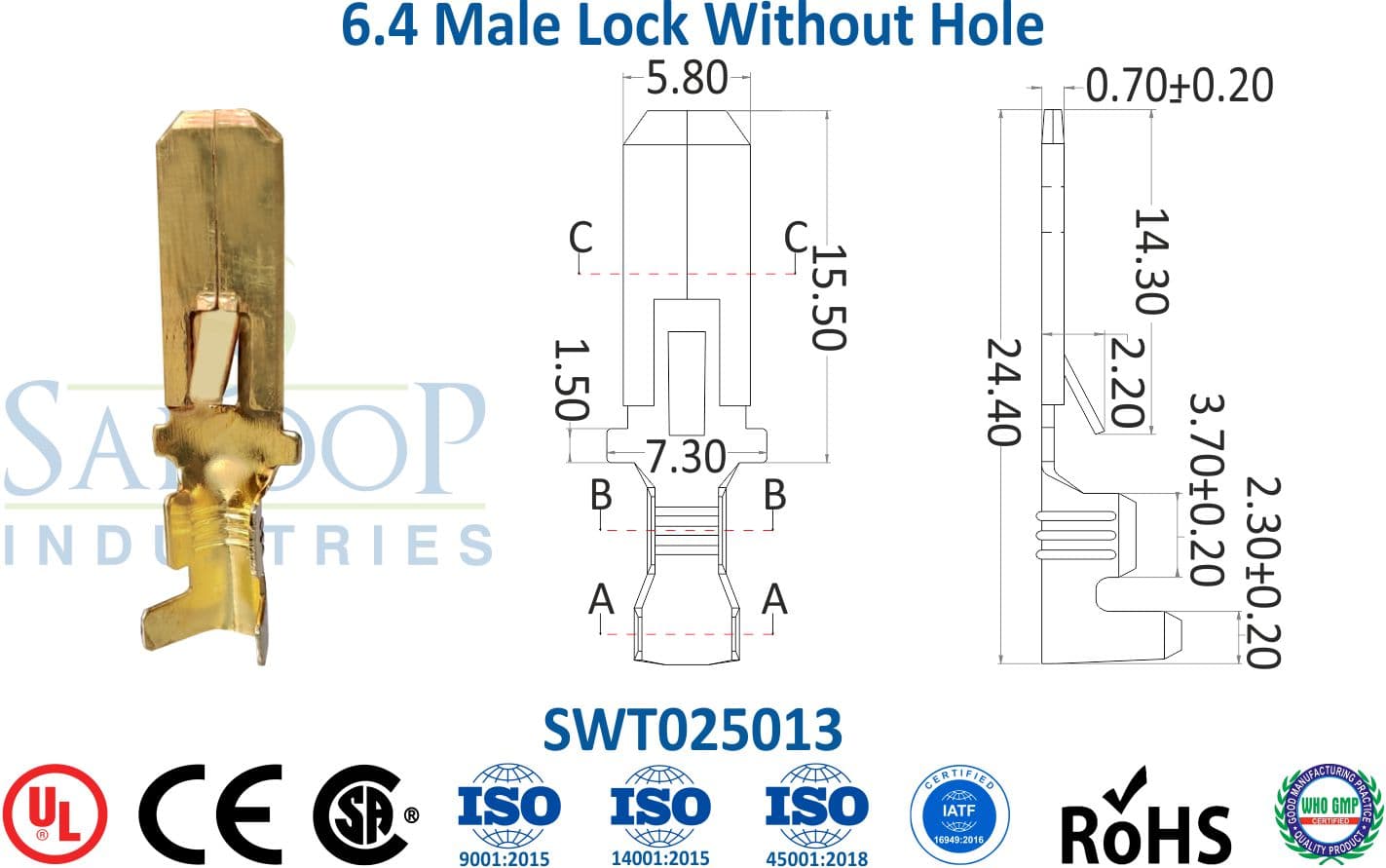 0250 Series Terminal - 6.4 Male Lock Without Hole (SWT025013) - 1