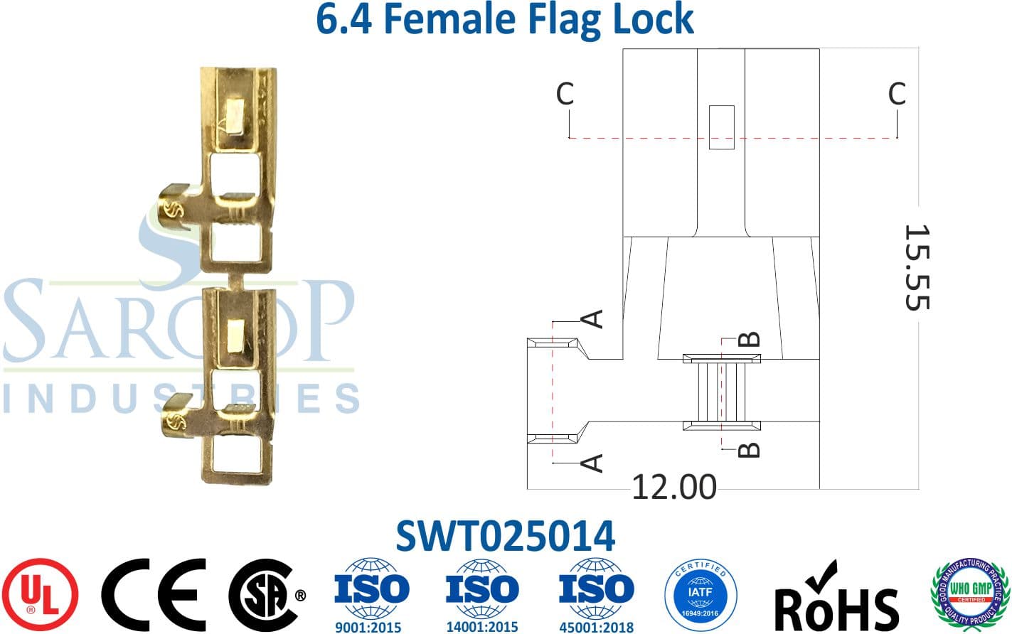 0250 Series Terminal - 6.4 Female Flag Lock (SWT025014) - 1
