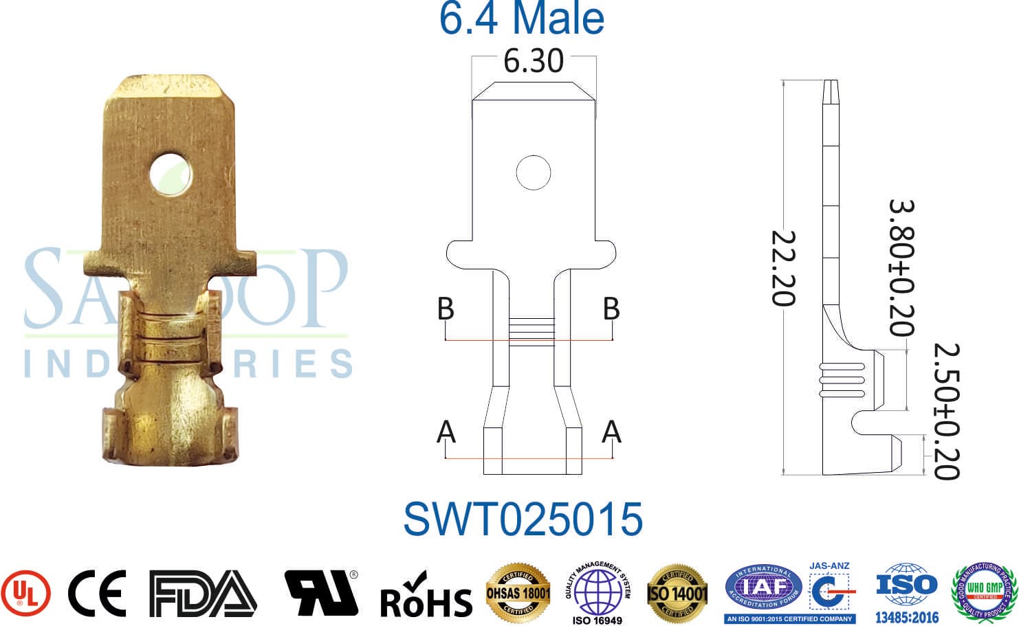 0250 Series Terminal - 6.4 Male (SWT025015) - 1
