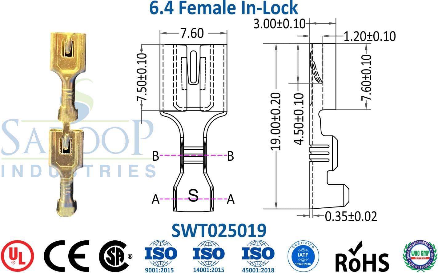 0250 Series Terminal - 6.4 Female In Lock (SWT025019) - 1