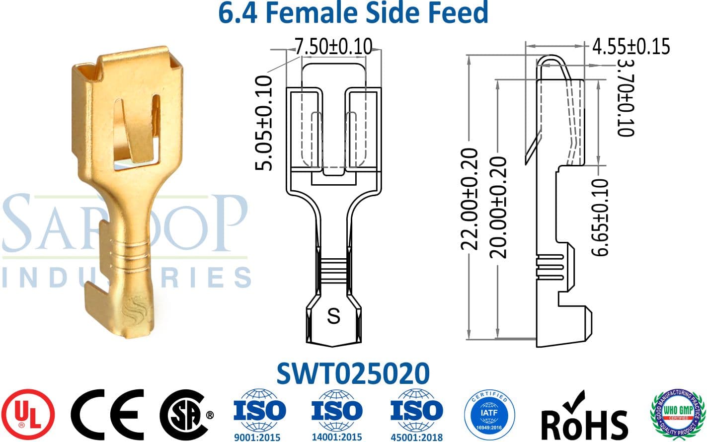 0250 Series Terminal - 6.4 Female Side Feed (SWT025020) - 1
