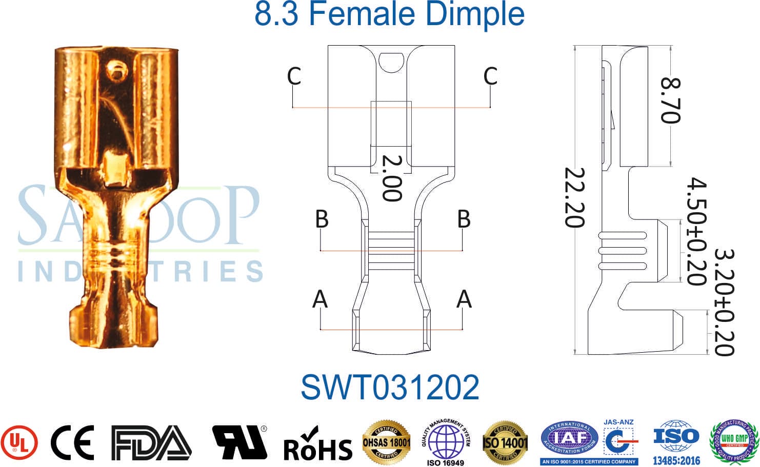 0312 Series Terminal - 8.3 Female Dimple (SWT031202) - 1