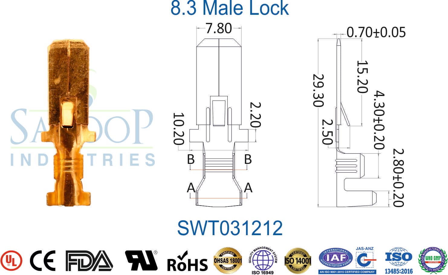 0312 Series Terminal - 8.3 Male Lock (SWT031212) - 1
