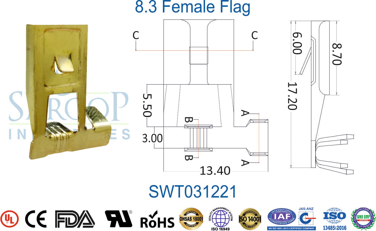0312 Series Terminal - 8.3 Female Flag (SWT031221) - 1