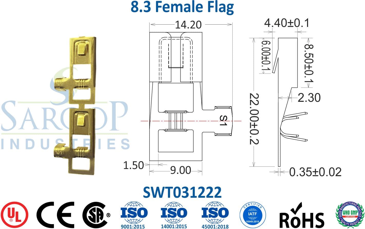 0312 Series Terminal - 8.3 Female Flag (SWT031222) - 1