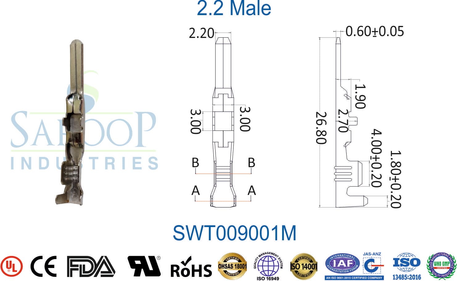 090 Series Terminal - 2.2 Male (SWT009001M) - 1