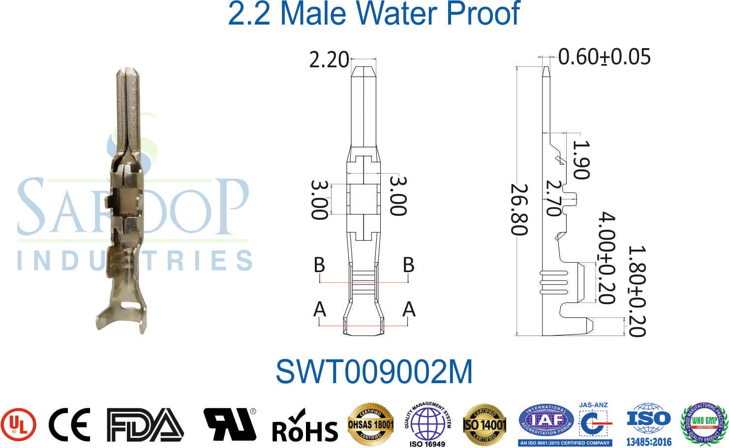 090 Series Terminal - 2.2 Male Water Proof (SWT009002M) - 1