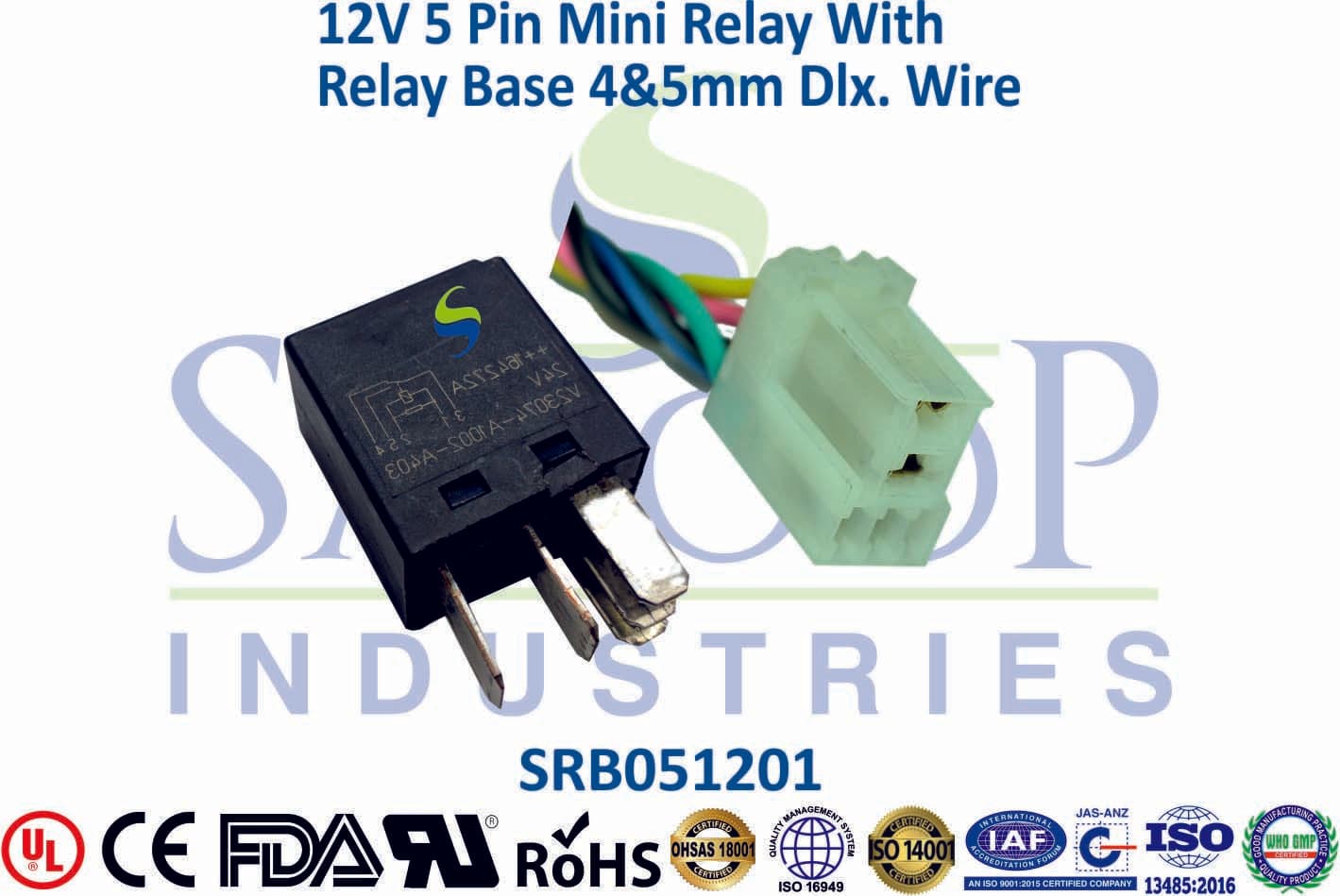 12V 5 Pin Mini Relay With Base - 4mm & 5mm Wire - 1