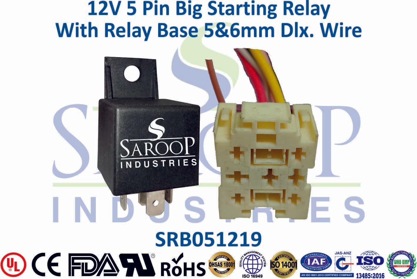 12V 5 Pin Small Starting Relay With Base - 4mm & 5mm Wire (Type 2) - 1