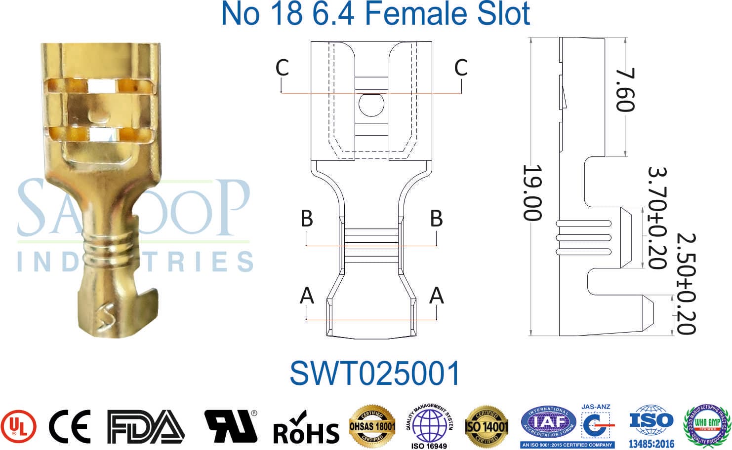 0250 Series Terminal - No 18 6.4 Female Slot (SWT025001) - 1