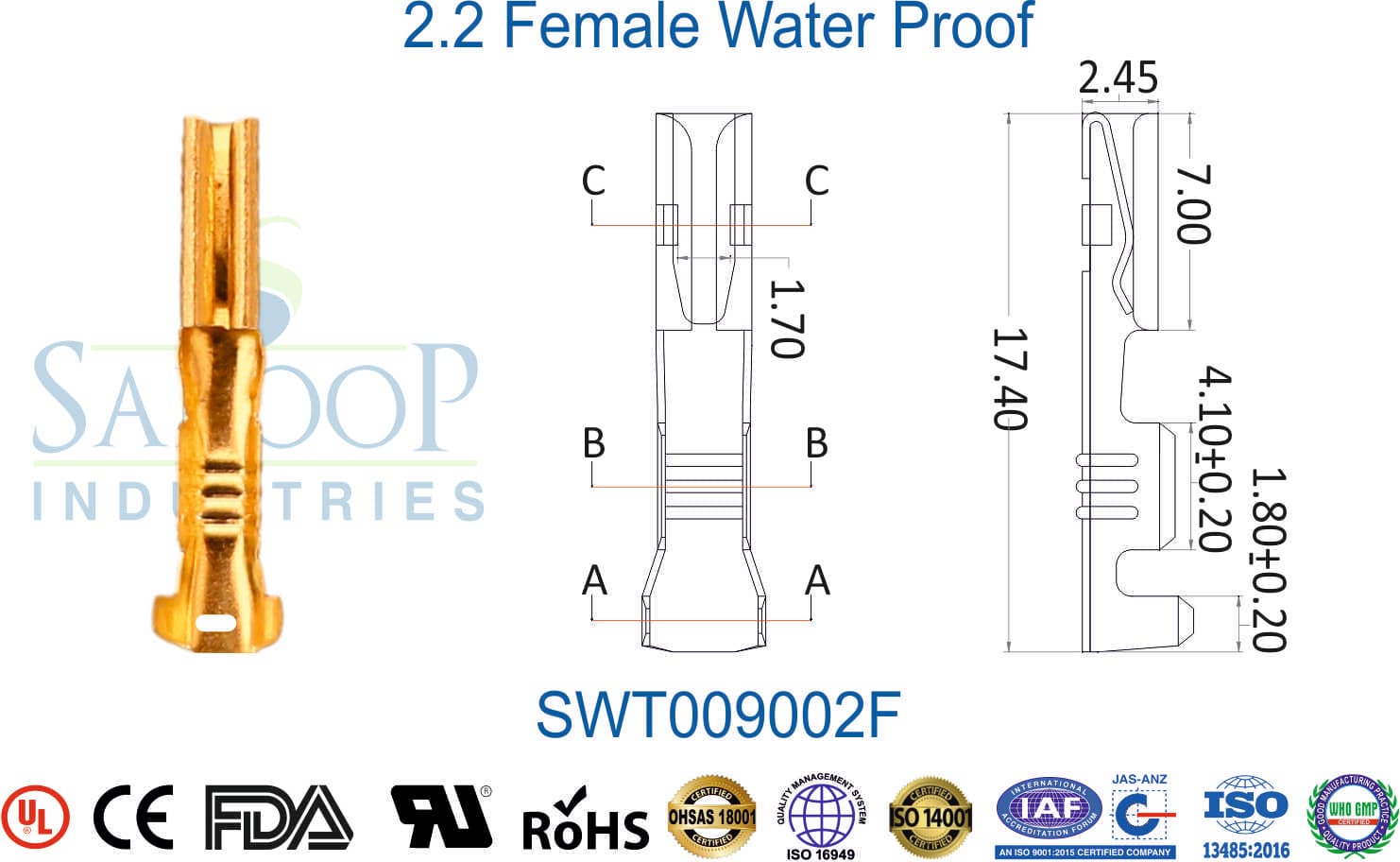 090 Series Terminal - 2.2 Female Water Proof (SWT009002F) - 1