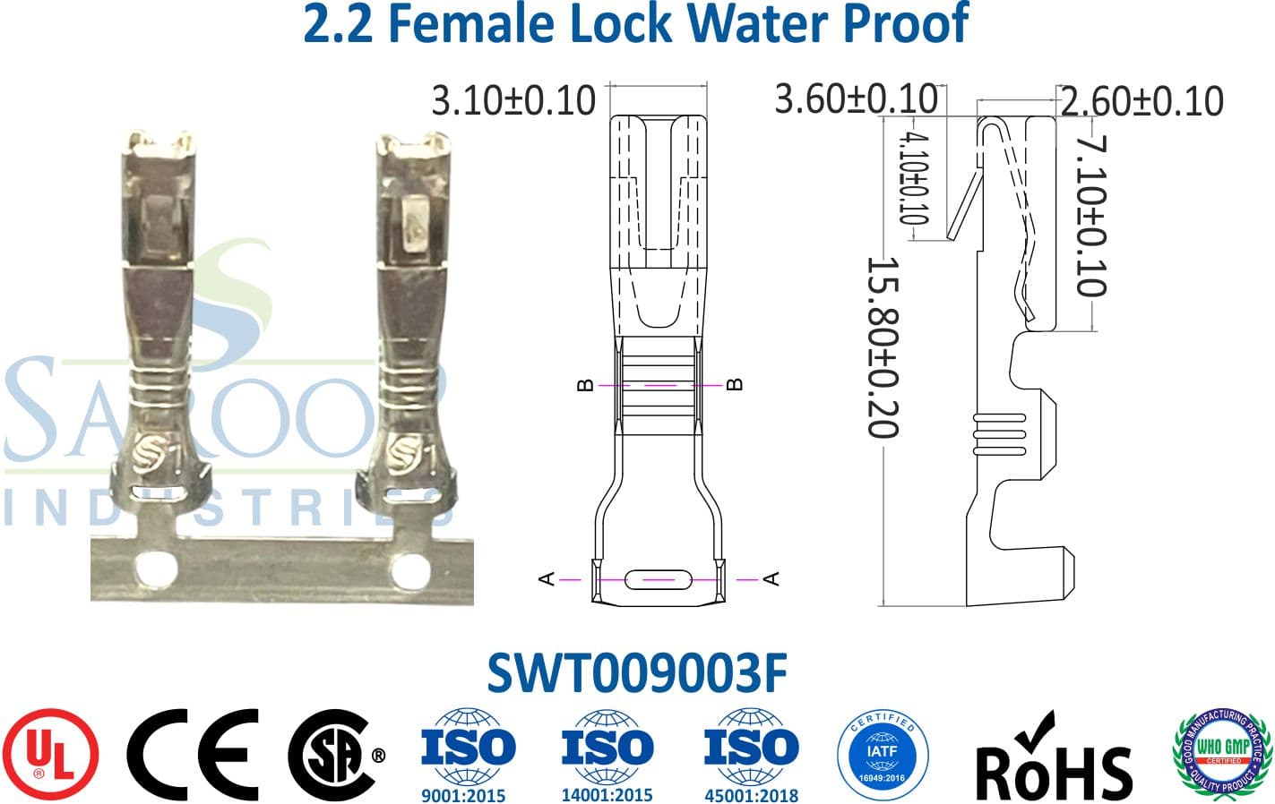 090 Series Terminal - 2.2 Female Lock Water Proof (SWT009003F) - 1